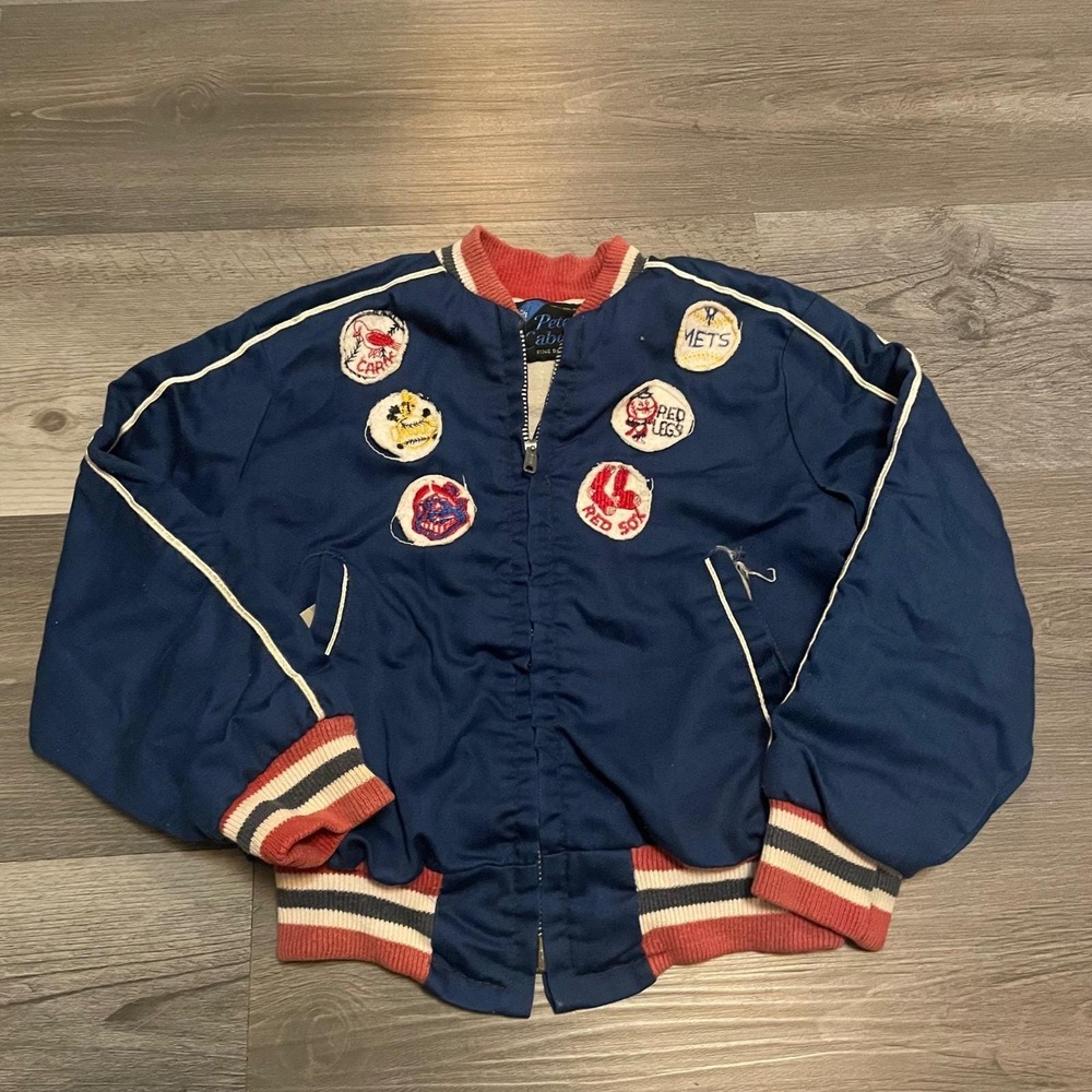Vintage Peter Cabot Boys Bomber Jacket Navy Blue MLB Baseball Patches 50s S/M